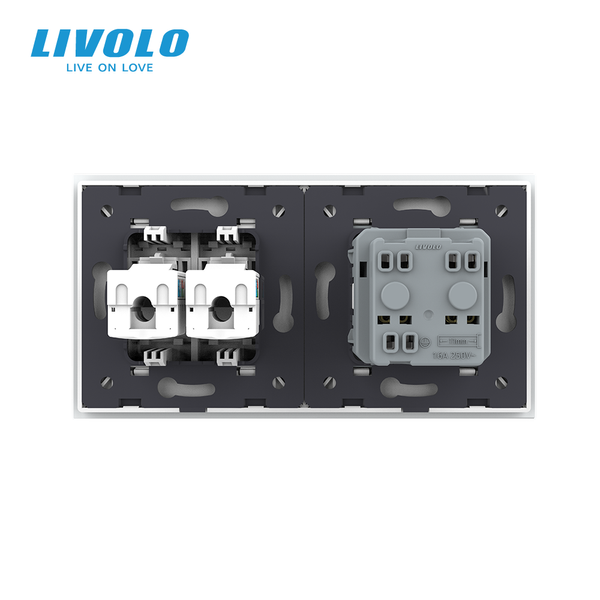Розетка LIVOLO з двома інтернет портами RJ-45, біла, настінна дизайнерська, скляна рамка VL-C7FCTC16A/FCCP/FCCP-4WP фото