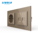Розетка LIVOLO з двома інтернет портами RJ-45, золота, настінна дизайнерська, скляна рамка VL-C7FCTC16A/FCCP/FCCP-4WP фото