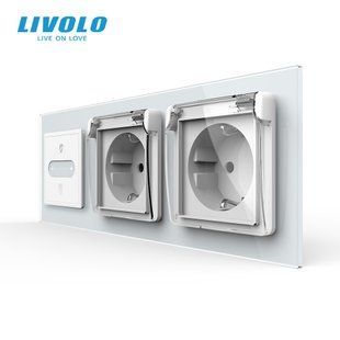 Розумний прохідний сенсорний димер LIVOLO з двома розетками з кришкою IP44, білий, скло, 16A 230V, заземлення VL-C7FC1SDZ2/FCTC16A/FCTC16A/XW001-6WP фото