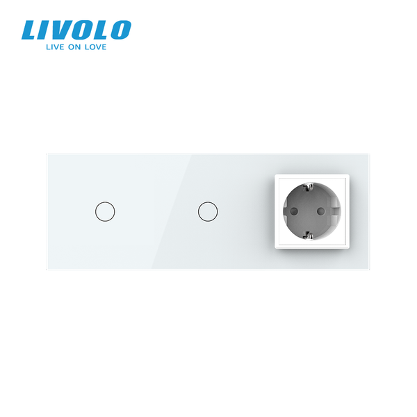 Сенсорний вимикач 2 сенсора (1-1) 1 розетка Livolo білий скло (VL-C701/C701/C7C1EU-11) VL-C7FC1/FC1/FCTC16A-6WP фото