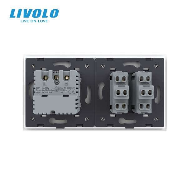 Подвійний вимикач без фіксації LIVOLO з розеткою та USB Type-C 18Вт, білий, скло, заземлення VL-C7FCMH1/FCTF16A.UC18W-4WP фото