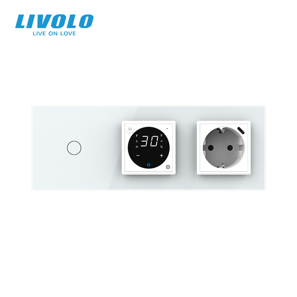 Терморегулятор для теплої підлоги + прохідний вимикач + USB Type-C 18Вт LIVOLO, білий скляний VL-C7FC1S/FCQ1/FCTF16A.UC18W-6WP фото