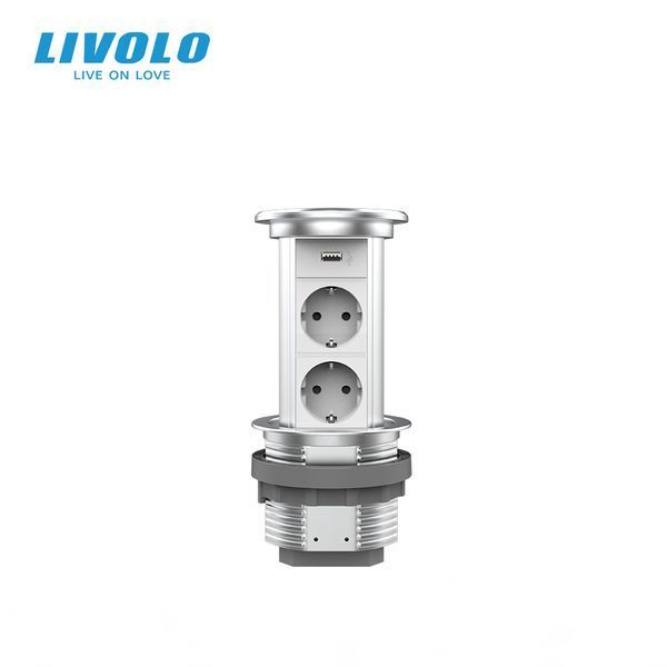 Висувна розетка з двох розеток та USB Livolo срібний (VL-SHS019-FCTC-S) VL-SHS019-FCTC-S фото