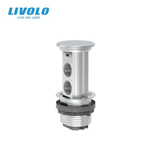 Висувна розетка з двох розеток та USB Livolo срібний (VL-SHS019-FCTC-S) VL-SHS019-FCTC-S фото