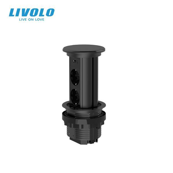 Висувна розетка з двох розеток та USB Livolo чорний (VL-SHS019-FCTC-B) VL-SHS019-FCTC-B фото