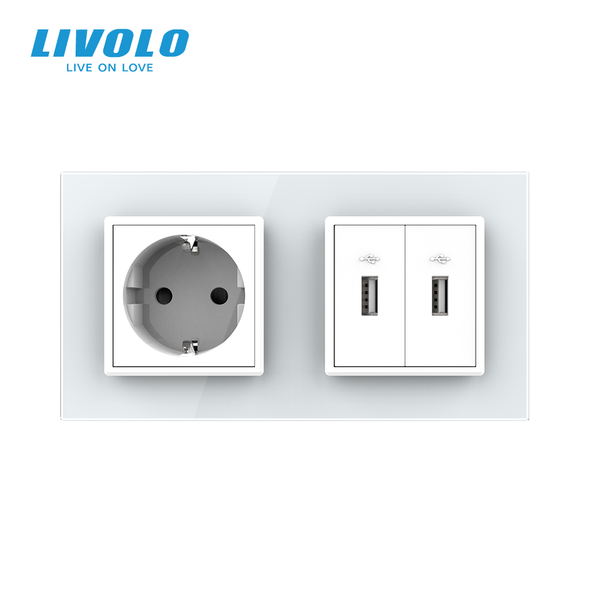 Розетка з заземленням з 2 USB розетками Livolo білий скло (VL-C7C1EU2USB-11) VL-C7C1EU2USB-11 фото