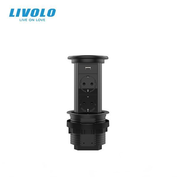 Висувна розетка з двох розеток та USB Livolo чорний (VL-SHS019-FCTC-B) VL-SHS019-FCTC-B фото