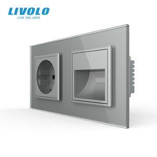 Розетка-світильник LIVOLO для сходів і коридору, 2700K, 230В, 0.35Вт, сіра, скляна рамка VL-C7FCTC16A/FCL1-4WP фото