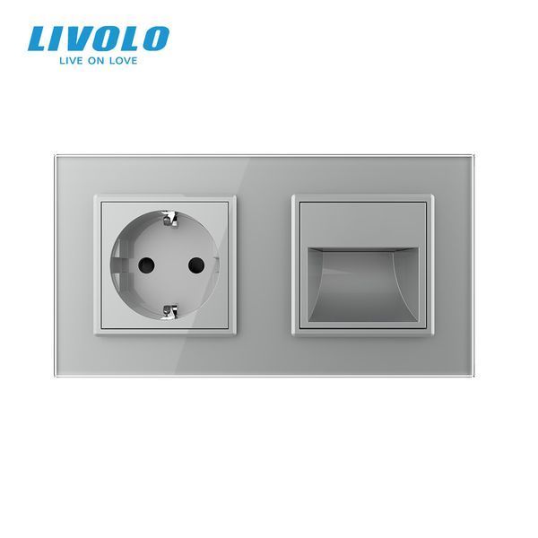 Розетка-світильник LIVOLO для сходів і коридору, 2700K, 230В, 0.35Вт, сіра, скляна рамка VL-C7FCTC16A/FCL1-4WP фото