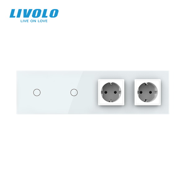 Сенсорний вимикач 2 сенсора (1-1) 2 розетки Livolo білий скло (VL-C701/C701/C7C2EU-11) VL-C701/C701/C7C2EU-11 фото