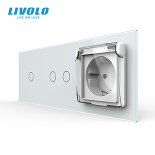 Прохідний сенсорний димер LIVOLO 3 сенсори (1-2) з розеткою IP44, кришка, білий скло, 16A 230V, заземлення VL-C7FC1SD/FC2SD/FCTC16A/XW001-6WP фото