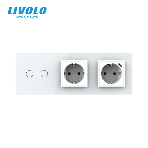 Подвійний сенсорний димер LIVOLO з розеткою та розеткою з USB Type-C 18Вт, заземлення, білий, скло, 16A 230V VL-C7FC2D/FCTC16A/FCTF16A.UC18W-6WP фото