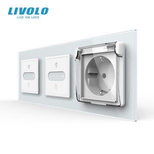 Розумний прохідний сенсорний димер LIVOLO 2 сенсори (1-1) з розеткою IP44, кришка, білий скло, заземлення VL-C7FC1SDZ2/FC1SDZ2/FCTC16A/XW001-6WP фото